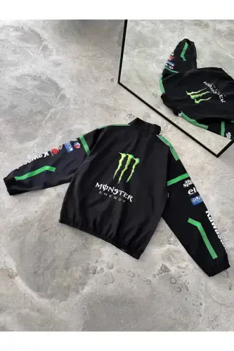 Unisex Parachute Fabric Oversize Printed Black Windbreaker Raincoat Thin Jacket-Black/Green - 4