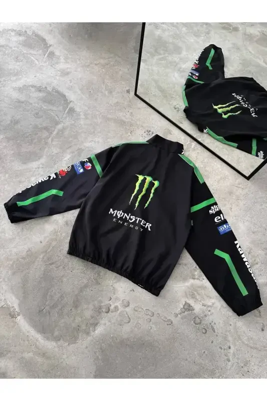 Unisex Parachute Fabric Oversize Printed Black Windbreaker Raincoat Thin Jacket-Black/Green - 4