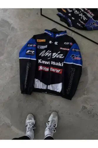 Unisex Parachute Fabric Oversize Printed Black Windbreaker Raincoat Thin Jacket-Blue/Black - 1