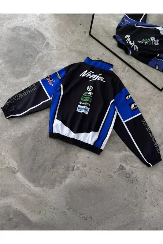 Unisex Parachute Fabric Oversize Printed Black Windbreaker Raincoat Thin Jacket-Blue/Black - 3