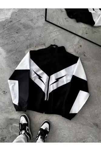 Unisex Parachute Fabric Oversize Printed Black Windbreaker Raincoat Thin Jacket-White/Black - 1