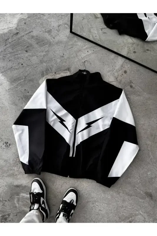 Unisex Parachute Fabric Oversize Printed Black Windbreaker Raincoat Thin Jacket-White/Black - 1