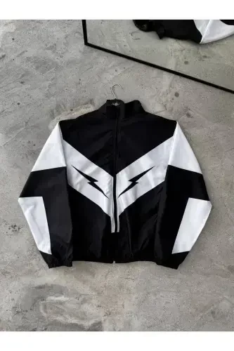 Unisex Parachute Fabric Oversize Printed Black Windbreaker Raincoat Thin Jacket-White/Black - 2