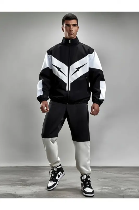 Unisex Parachute Fabric Oversize Printed Black Windbreaker Raincoat Thin Jacket-White/Black - 1