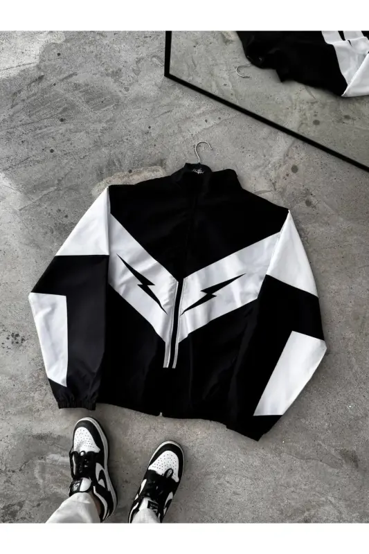 Unisex Parachute Fabric Oversize Printed Black Windbreaker Raincoat Thin Jacket-White/Black - 2