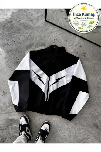 Unisex Parachute Fabric Oversize Printed Black Windbreaker Raincoat Thin Jacket-White/Black 