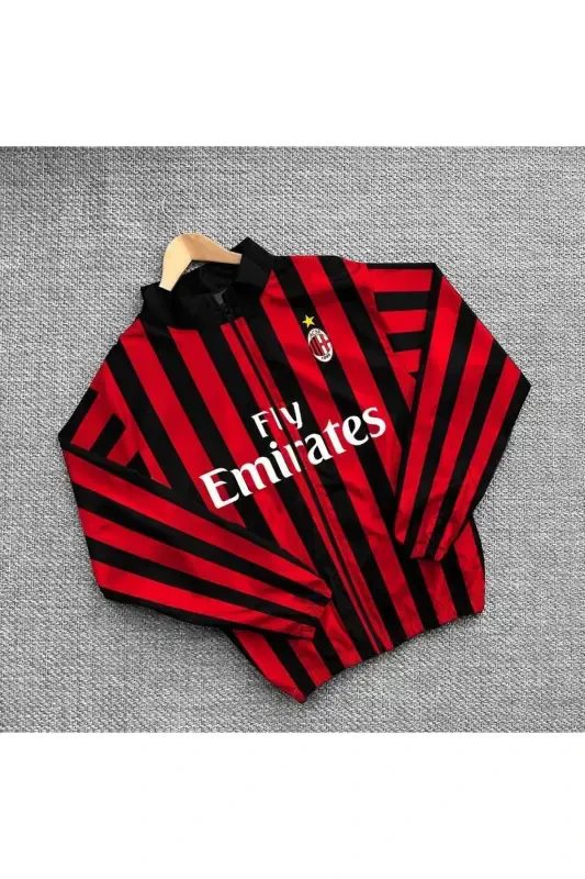 Unisex Parachute Fabric Printed Oversize Striped Red Waterproof Zippered Windbreaker Raincoat-Red - MHM