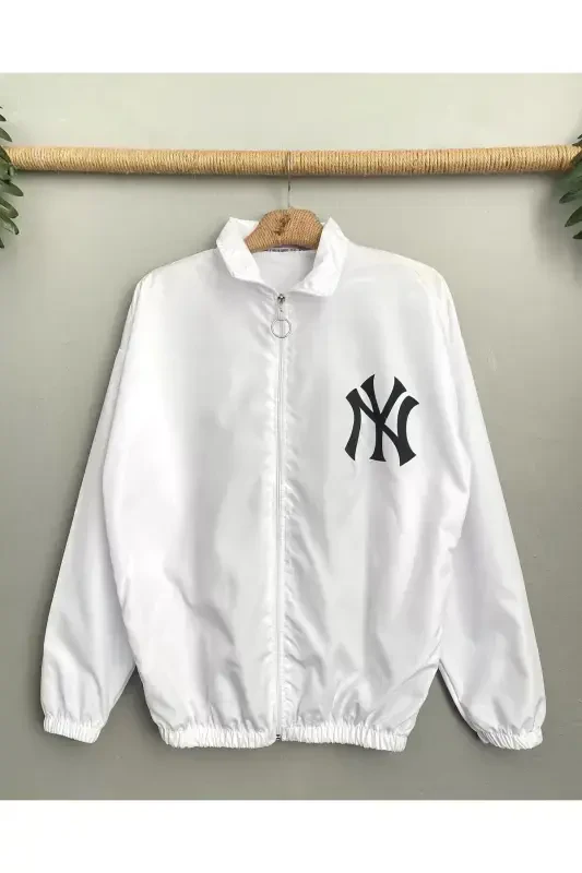 Unisex Parashut Mato Oversize Raqamli Bosmali Qora Shamoldan Saqlovchi Yomg'ir Palto Yupqa Kurtka-Oq - 2