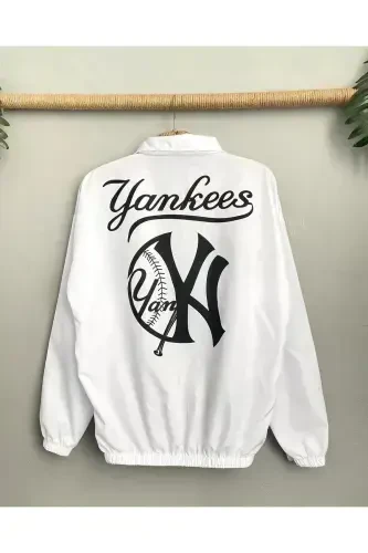 Unisex Parashut Mato Oversize Raqamli Bosmali Qora Shamoldan Saqlovchi Yomg'ir Palto Yupqa Kurtka-Oq - 3