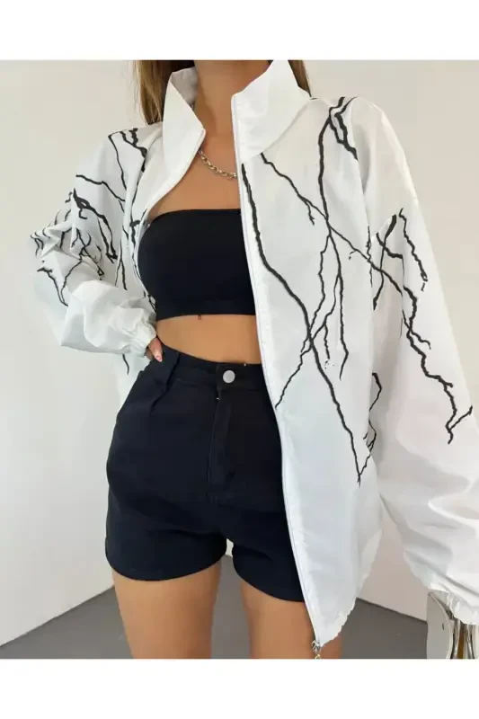 Unisex Parashut Mato Yulduz Bosma Oversize Oq Shamoldan Saqlovchi Yomg'ir Palto-Oq - 2