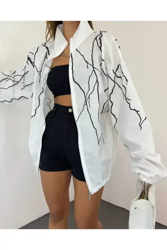 Unisex Parashut Mato Yulduz Bosma Oversize Oq Shamoldan Saqlovchi Yomg'ir Palto-Oq - 4