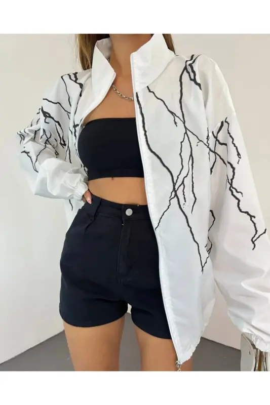 Unisex Parashut Mato Yulduz Bosma Oversize Oq Shamoldan Saqlovchi Yomg'ir Palto-Oq - 2