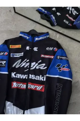 Unisex Paraşüt Kumaş Oversize Baskılı Siyah Rüzgarlık Yağmurluk İnce Ceket-Mavi/Siyah - LUSHEN (1)