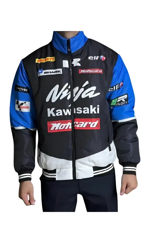 Mavi Ninja Kawasaki Unisex Paraşüt Kumaş Oversize Baskılı Siyah Rüzgarlık Yağmurluk İnce Ceket - Mavi/Siyah - 1