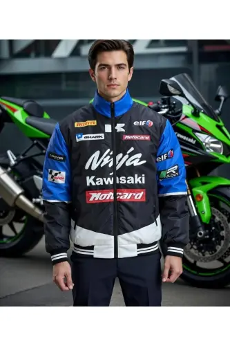 Mavi Ninja Kawasaki Unisex Paraşüt Kumaş Oversize Baskılı Siyah Rüzgarlık Yağmurluk İnce Ceket - Mavi/Siyah - 2