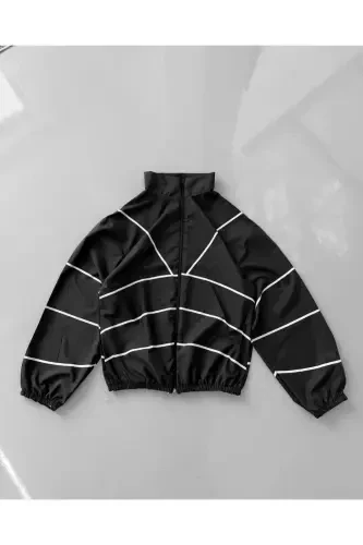 Unisex Paraşüt Kumaş Çizgi Detay Baskılı Oversize Mavi Rüzgarlık Yağmurluk-Siyahhhh - 1