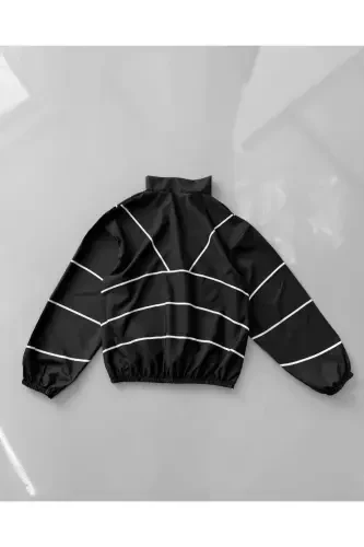 Unisex Paraşüt Kumaş Çizgi Detay Baskılı Oversize Mavi Rüzgarlık Yağmurluk-Siyahhhh - MHM (1)