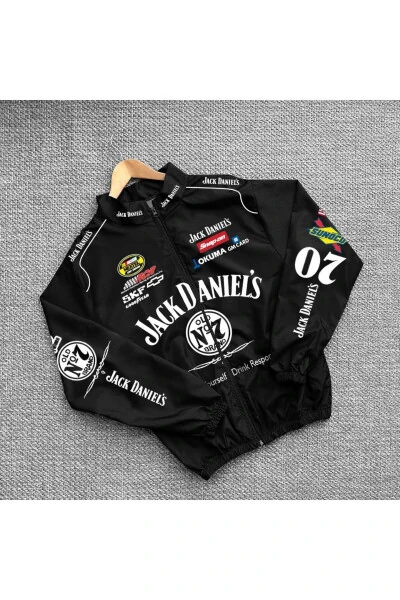 Unisex Paraşüt Kumaş Oversize Baskılı Siyah Rüzgarlık Yağmurluk-Siyah - MHM