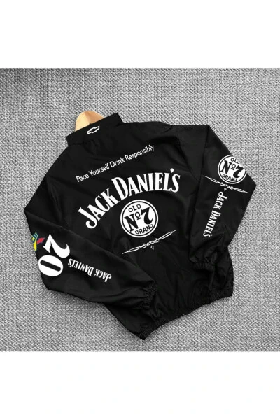 Unisex Paraşüt Kumaş Oversize Baskılı Siyah Rüzgarlık Yağmurluk-Siyah - MHM (1)