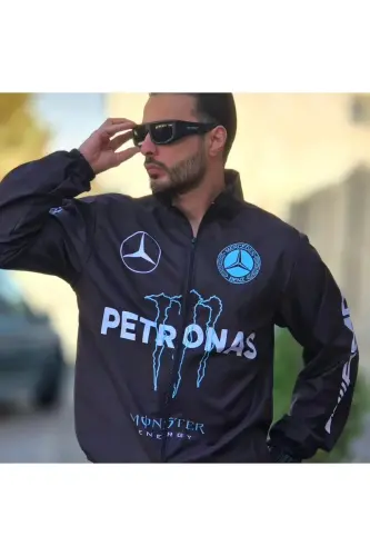 Unisex Paraşüt Kumaş Oversize Dijital Baskılı Siyah Rüzgarlık Yağmurluk İnce Ceket - Siyah/Mavi 