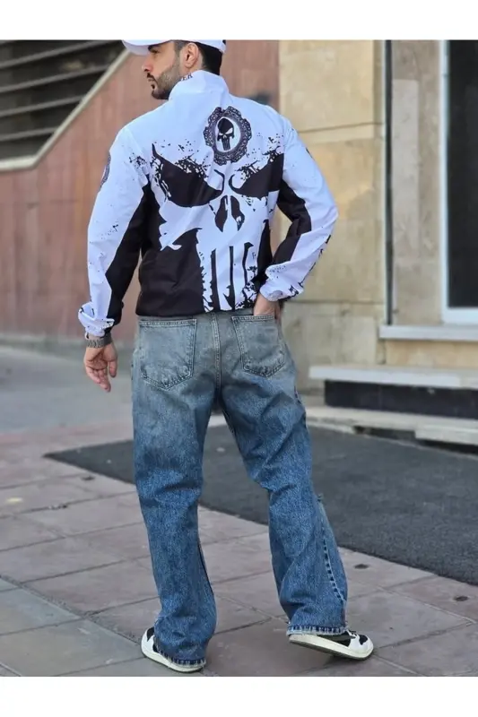 Unisex Paraşüt Kumaş Oversize Dijital Baskılı Siyah Rüzgarlık Yağmurluk İnce Ceket - Beyaz - 2