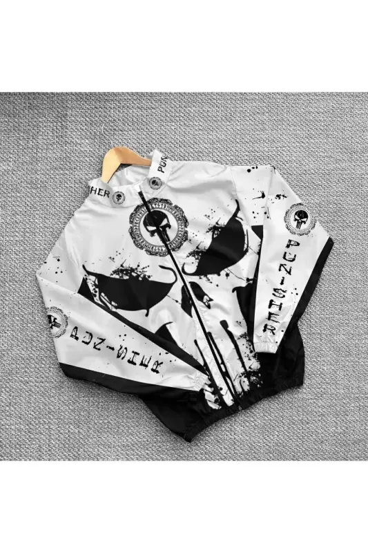 Unisex Paraşüt Kumaş Oversize Dijital Baskılı Siyah Rüzgarlık Yağmurluk İnce Ceket - Beyaz - 3