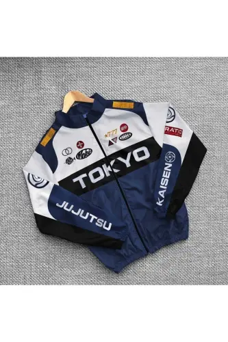 Unisex Paraşüt Kumaş Oversize Dijital Baskılı Siyah Rüzgarlık Yağmurluk İnce Ceket-Mavi1 - 2