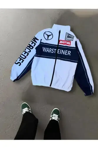 Unisex Paraşüt Kumaş Oversize Dijital Baskılı Siyah Rüzgarlık Yağmurluk İnce Ceket-Beyaz - 1