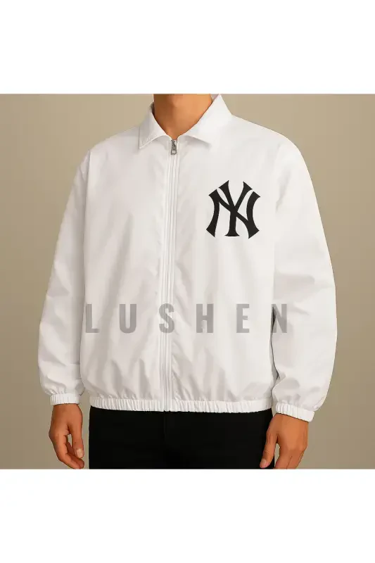 Unisex Paraşüt Kumaş Oversize Dijital Baskılı Siyah Rüzgarlık Yağmurluk İnce Ceket-Beyaz - LUSHEN