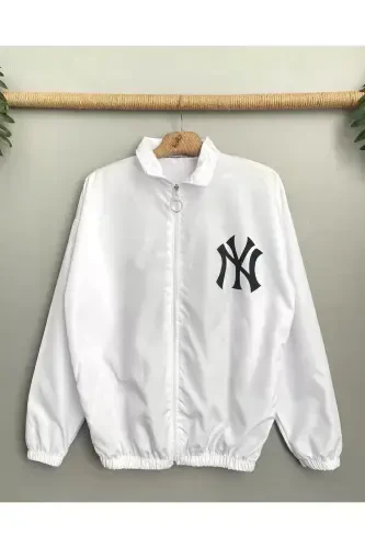 Unisex Paraşüt Kumaş Oversize Dijital Baskılı Siyah Rüzgarlık Yağmurluk İnce Ceket-Beyaz - LUSHEN (1)