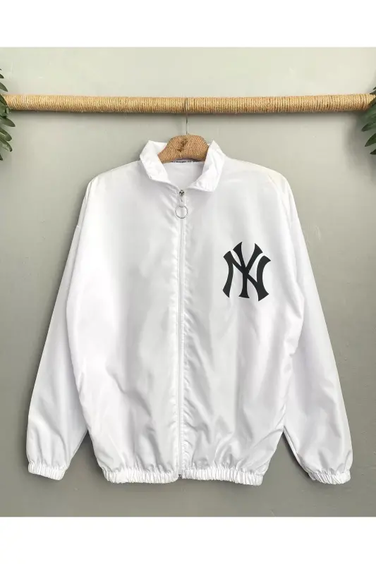 Unisex Paraşüt Kumaş Oversize Dijital Baskılı Siyah Rüzgarlık Yağmurluk İnce Ceket - Beyaz - 2