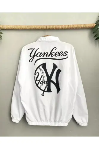 Unisex Paraşüt Kumaş Oversize Dijital Baskılı Siyah Rüzgarlık Yağmurluk İnce Ceket - Beyaz - 3