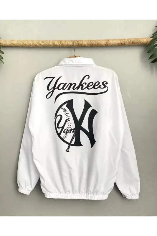 Unisex Paraşüt Kumaş Oversize Dijital Baskılı Siyah Rüzgarlık Yağmurluk İnce Ceket - Beyaz - 3