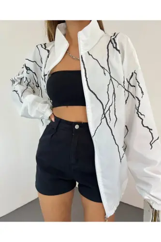 Unisex Paraşüt Kumaş Yıldırım Baskılı Oversize Beyaz Rüzgarlık Yağmurluk-Beyaz - MHM (1)