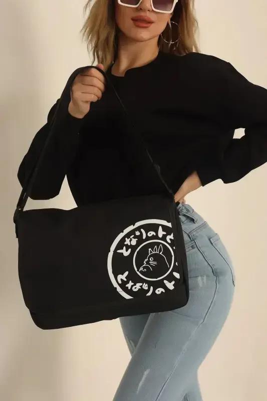 Unisex Patterned Messenger Bag Street Style-Black bag with white pattern - 2