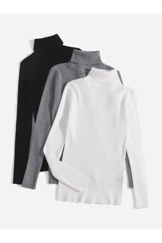 Unisex Paxtalik Balıkçı Yaka Kaşkorse Şardonlu Slimfit Boğazlı Kazak-siyahbeyazgri1 - 2