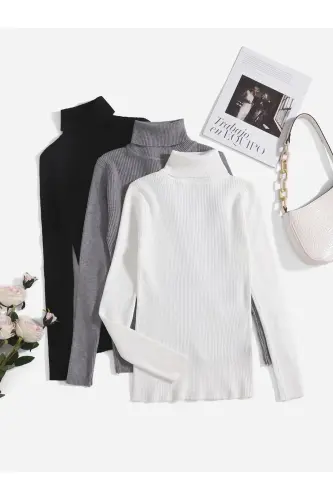 Unisex Paxtalik Balıkçı Yaka Kaşkorse Şardonlu Slimfit Boğazlı Kazak-siyahbeyazgri1 - 3