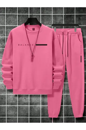 Unisex Pembe Eşofman Takımı Balance Baskılı Şardonlu-Soluk Pembe - 1