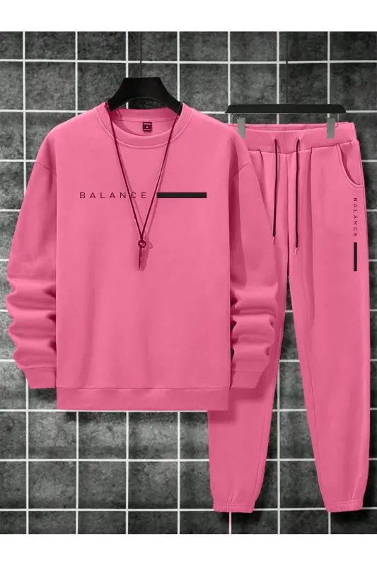 Unisex Pembe Eşofman Takımı Balance Baskılı Şardonlu-Soluk Pembe - 1