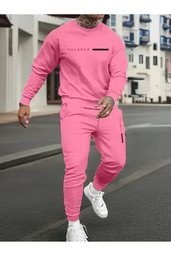 Unisex Pembe Eşofman Takımı Balance Baskılı Şardonlu-Soluk Pembe - SEUSCRAFT (1)