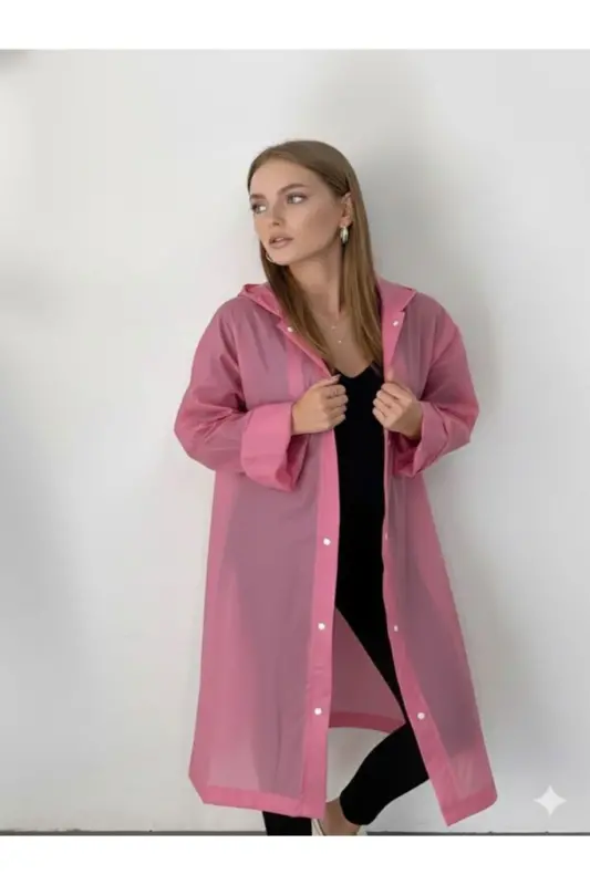 Unisex Pembe Eva Kumaş Su Rüzgar Geçirmez Yağmurluk - Pembe - 4