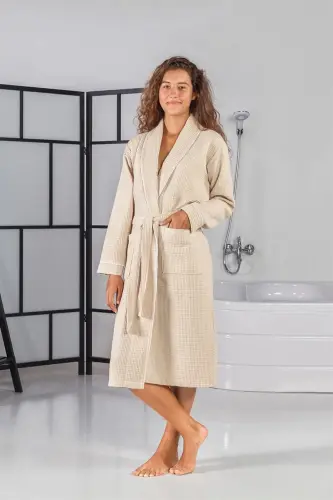 Unisex Pike Bej Bornoz - Emici Ve Yumuşak Bornoz - Renk Seçenekleri - Bej - 2