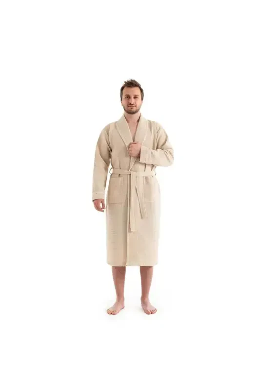 Unisex Pique Beige Bathrobe - Absorbent And Soft Bathrobe - Color Options-Beige - 4