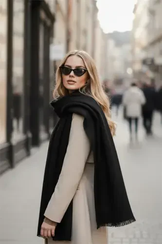 Unisex Plain Black Thick Scarf - 7