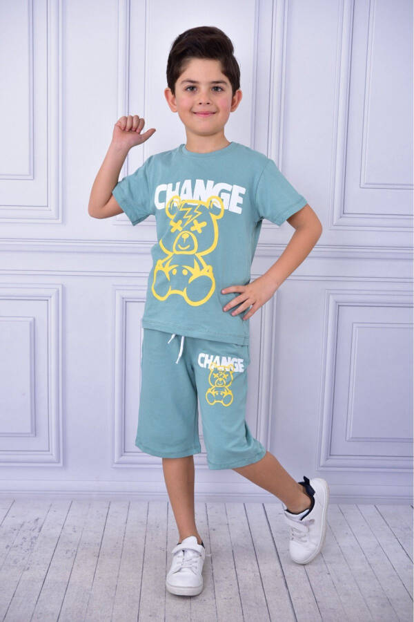 Unisex Pocket T-shirt and Shorts Set with Slogan and Cartoon Graphic - 3