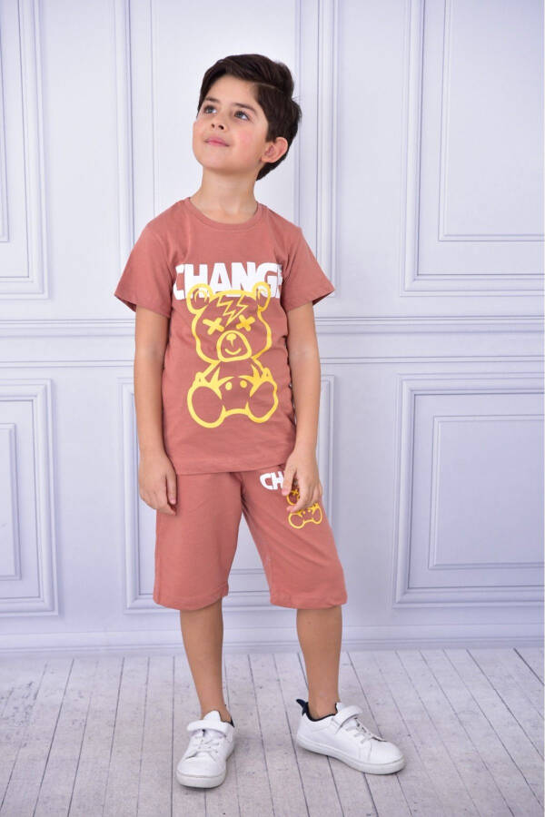 Unisex Pocket T-shirt and Shorts Set with Slogan and Cartoon Graphic - 2