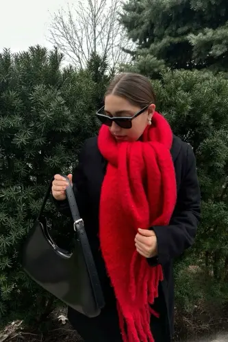 Unisex Premium Soft Buklet Atkı - Kırmızı - 7