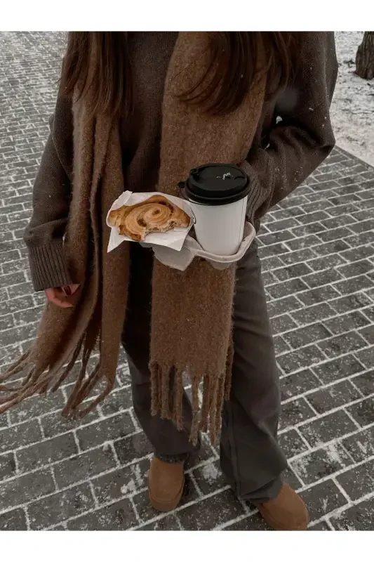 Unisex Premium Yumshoq Buklet Sharf - Jigarrang - 3