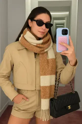 Unisex Premium Yumshoq Buklet Sharf - Karamelli Krem - 4