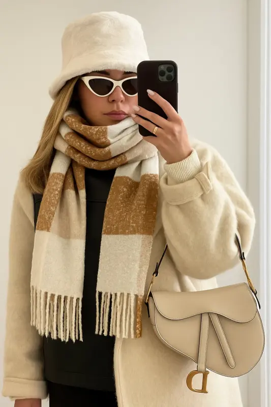 Unisex Premium Yumshoq Buklet Sharf - Karamelli Krem - 3